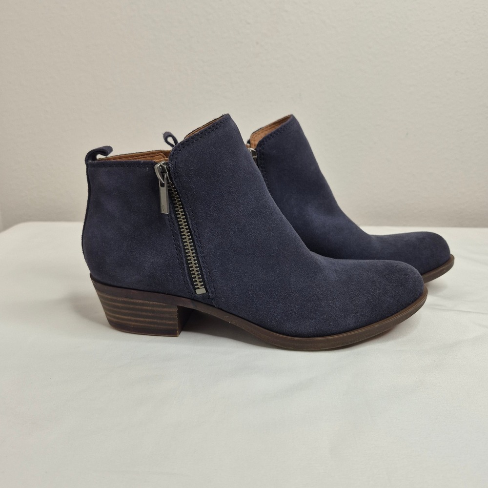Lucky Brand Basel Navy Blue Suede Leather Ankle Booties‎ Side Zip Size 6.5M Boho